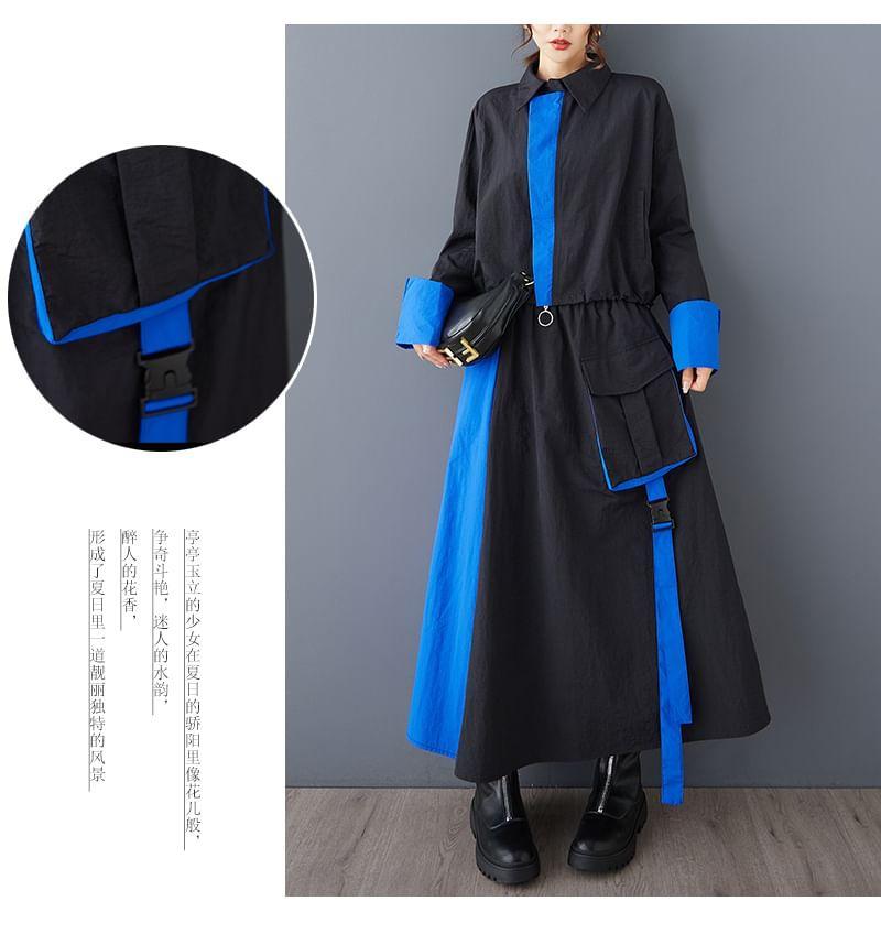 Set: Long-Sleeve Two Tone Crop Shirt + High Waist Maxi A-Line Skirt Product Image