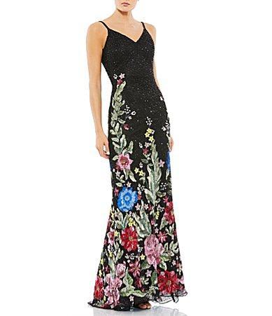 Mac Duggal Floral Print Fully Beaded V-Neck Sleeveless Sheath Gown Product Image