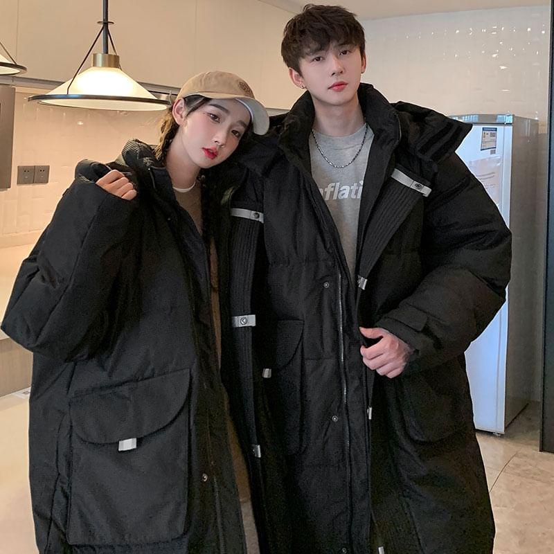 Couple Matching Stand Collar Plain Hood Midi Zip Puffer Coat Product Image