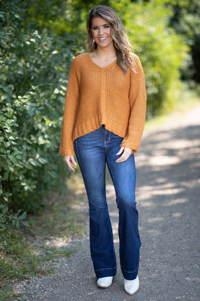 Mustard Front Seam V-Neck Sweater Product Image