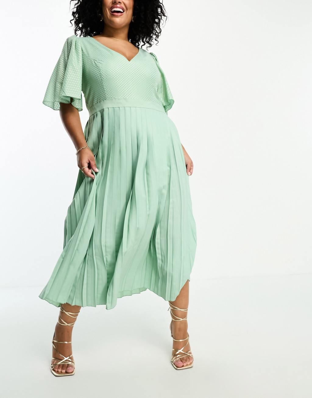 Little Mistress Plus plunge flutter sleeve midi dress in sage green Product Image