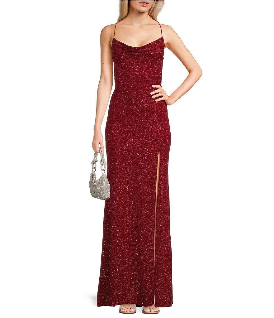 B. Darlin Glitter Cowl Neck Front Slit Long Dress Product Image