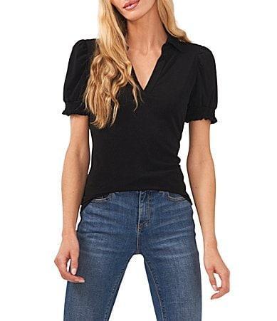 CeCe Womens Collared Split Neck Short Sleeve Knit Top Product Image