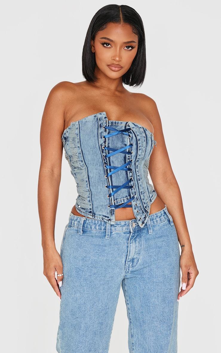 Shape Light Blue Wash Denim Bandeau Distressed Lace Up Detail Corset Product Image