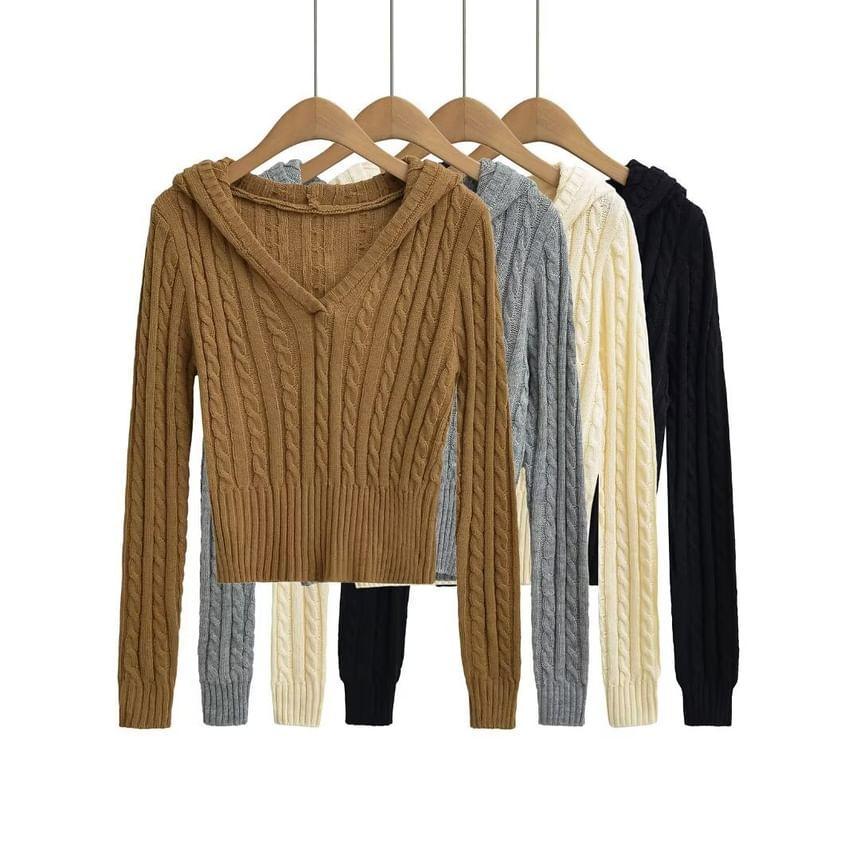 Hooded V-Neck Plain Cable Knit Cropped Sweater Product Image