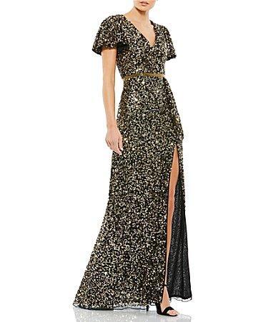 Womens Sequined Butterfly-Sleeve Gown Product Image