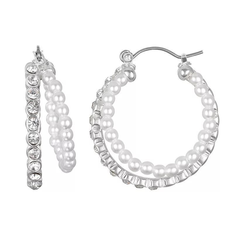 Emberly Silver Tone Simulated Pearl & Pave Two Row Hoop Earrings, Womens Product Image