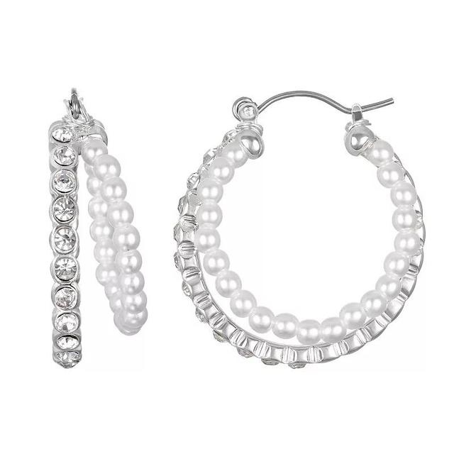 Emberly Silver Tone Simulated Pearl & Pave Two Row Hoop Earrings, Womens Product Image