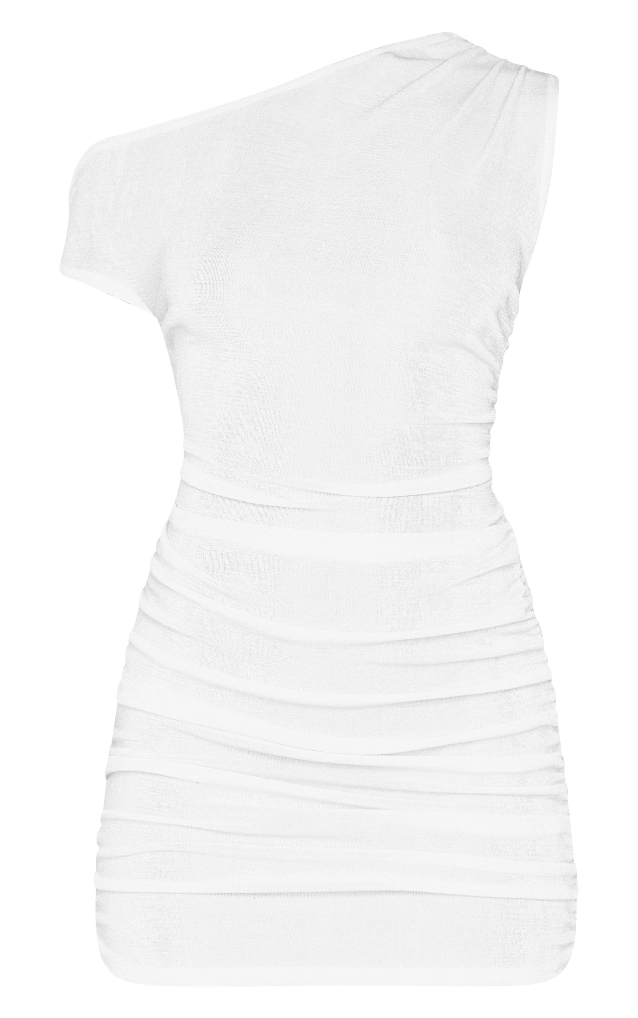 Cream Slinky Acetate Ruched One Shoulder Mini Dress Product Image