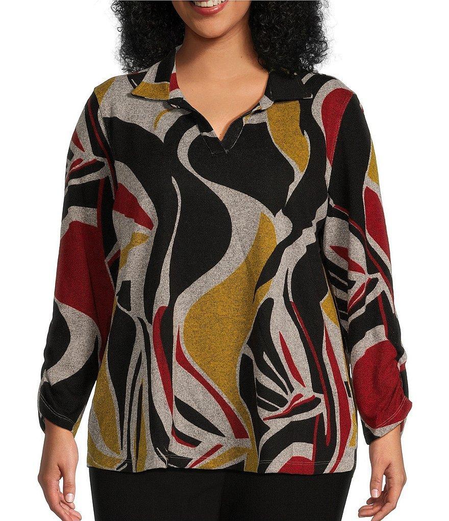 Multiples Plus Size Knit Wave Abstract Print Collared V-Neck Long Ruched Detail Sleeve Top Product Image