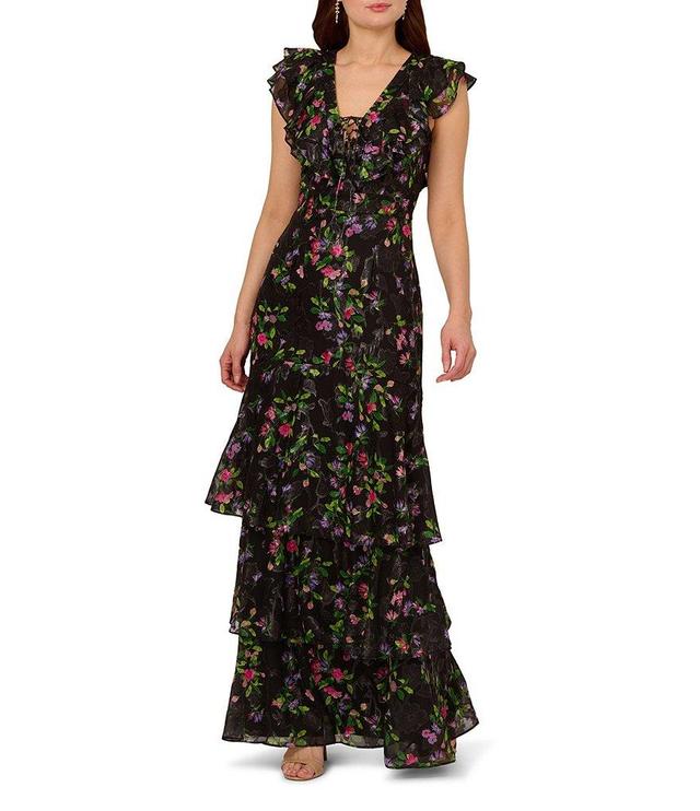 Adrianna Papell Chiffon Floral Print V-Neck Flutter Sleeve Tiered Gown Product Image