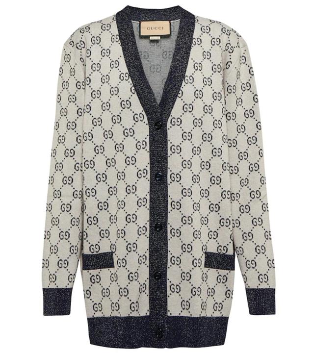 Gg Intarsia Metallic-trimmed Cotton-blend Cardigan In Ivory,blue Product Image