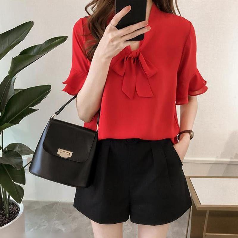 Short-Sleeve Tie-Neck Chiffon Blouse Product Image