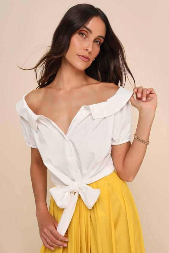 Pleasantly Perfect Ivory Off-the-Shoulder Collared Tie-Front Top Product Image