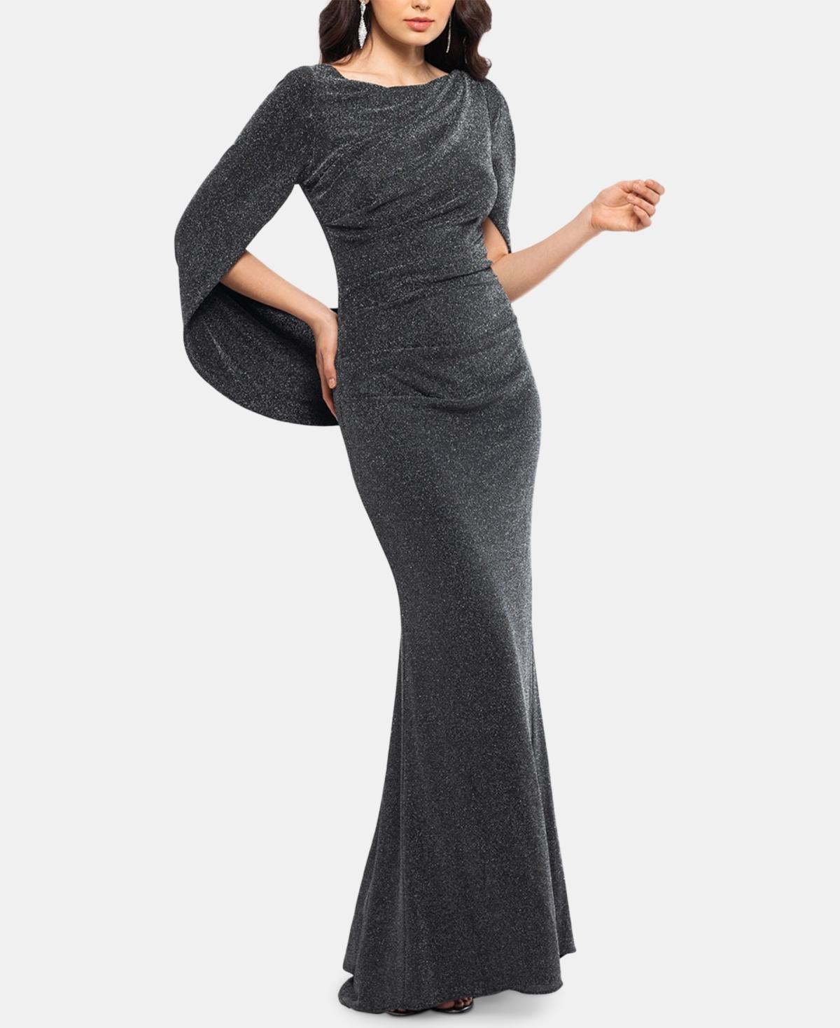 Betsy  Adam Stretch Metallic Boat Neckline Drape Back Gown Product Image