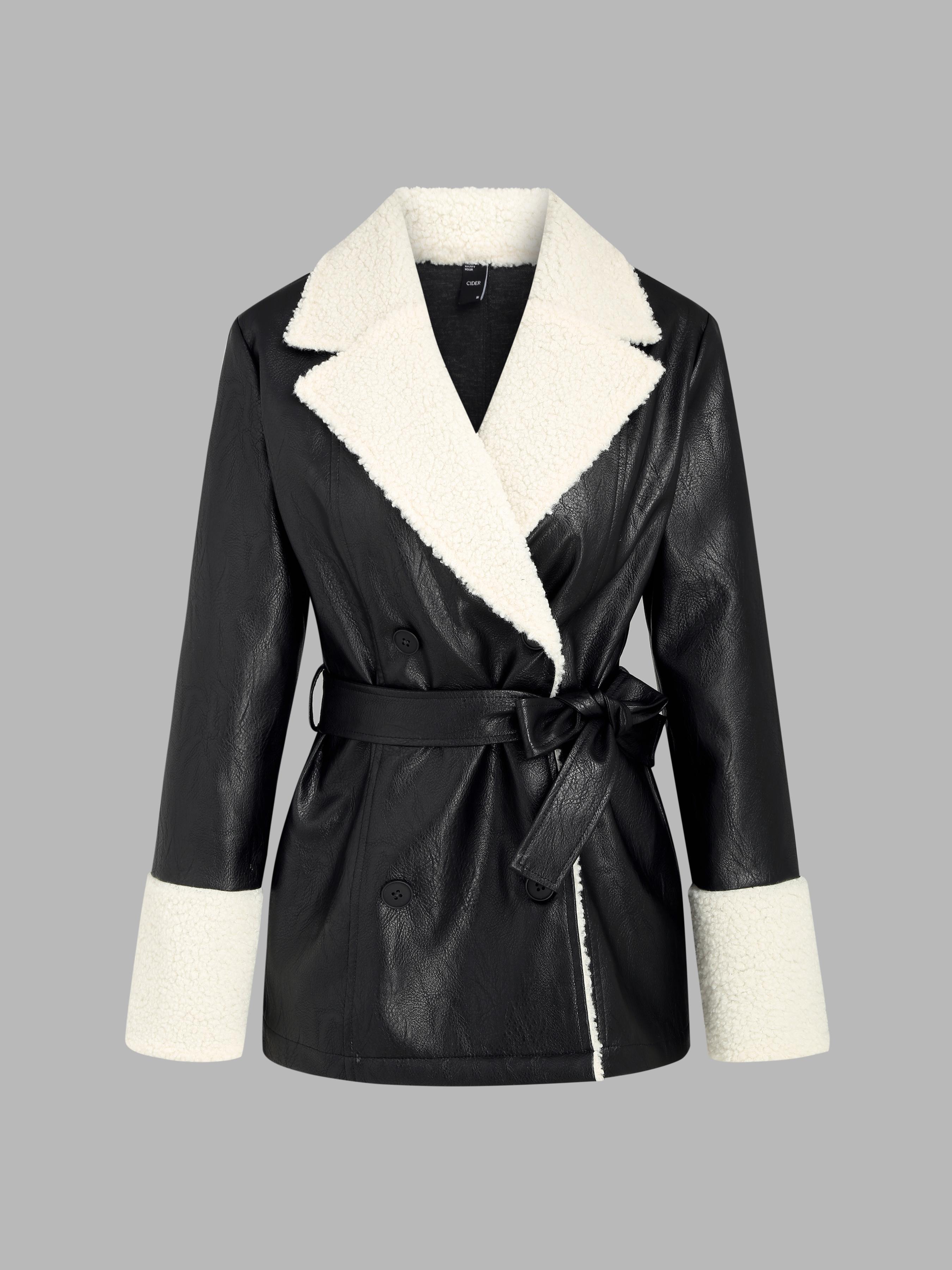 Faux Shearling Collar Oversized Jacket With Belt Product Image