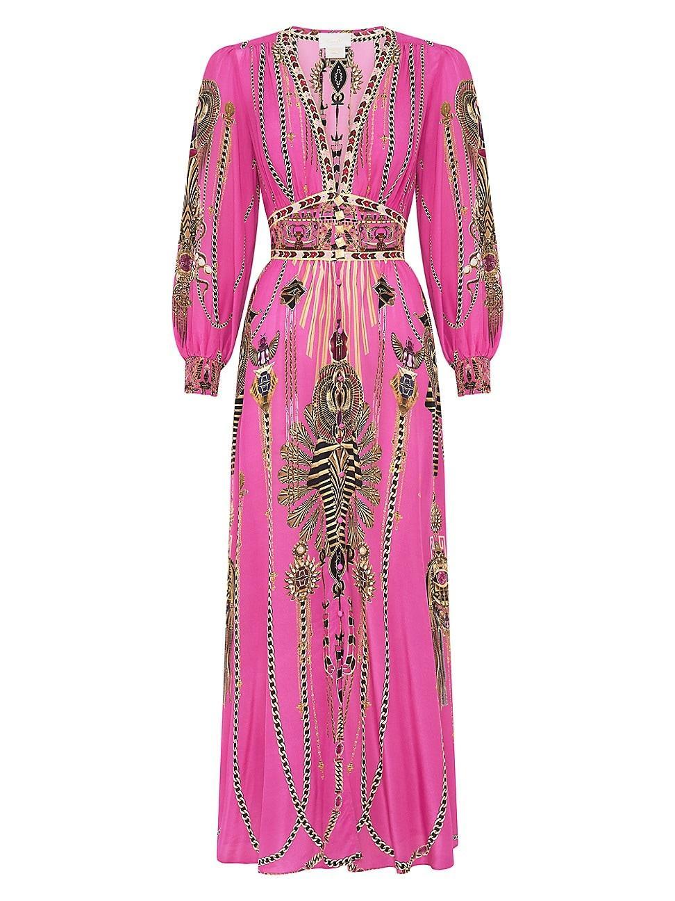 Womens Egyptian-Print Silk V-Neck Maxi Dress Product Image