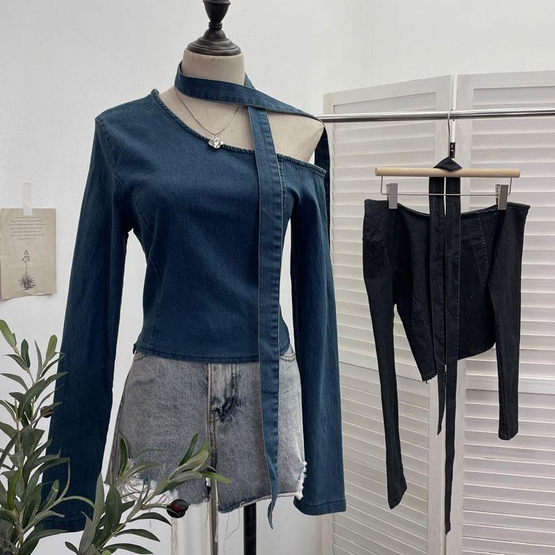 Long Sleeve Cold Shoulder Neck Tie Denim Crop Top Product Image