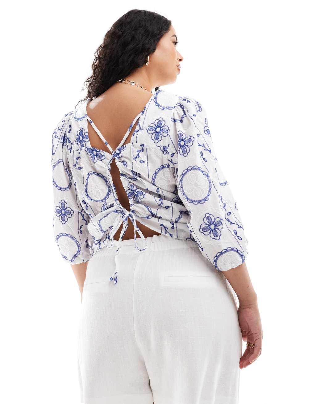 ONLY Curve cropped embroidered woven top with tie back in white  Product Image