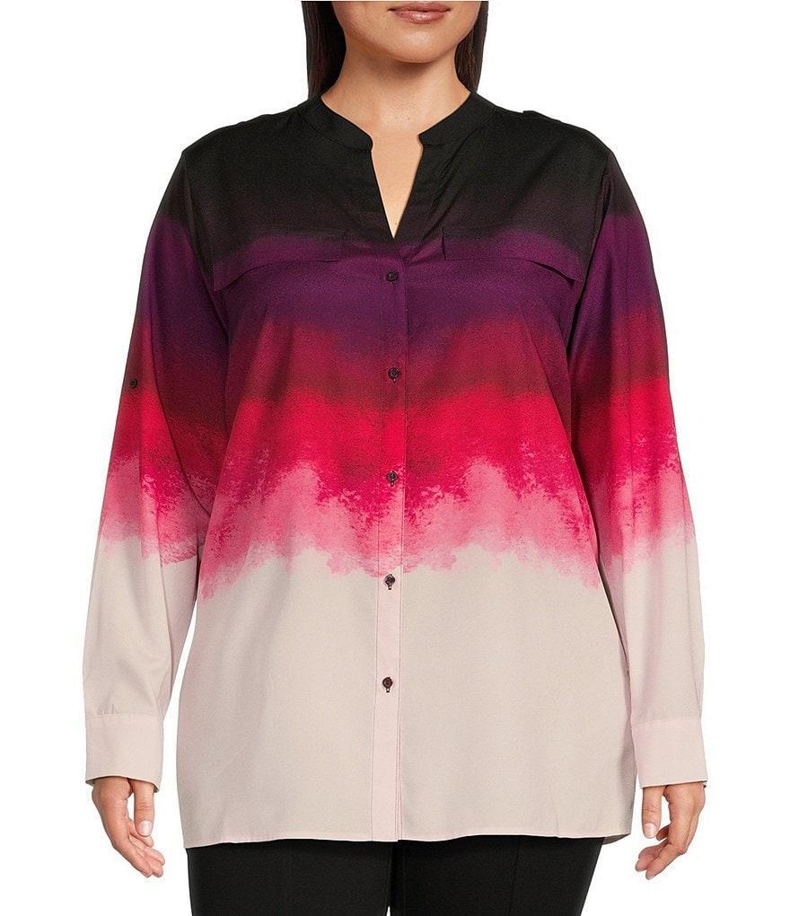 Calvin Klein Plus Size Printed Woven Split V-Neck Long Sleeve Button Front Top Product Image