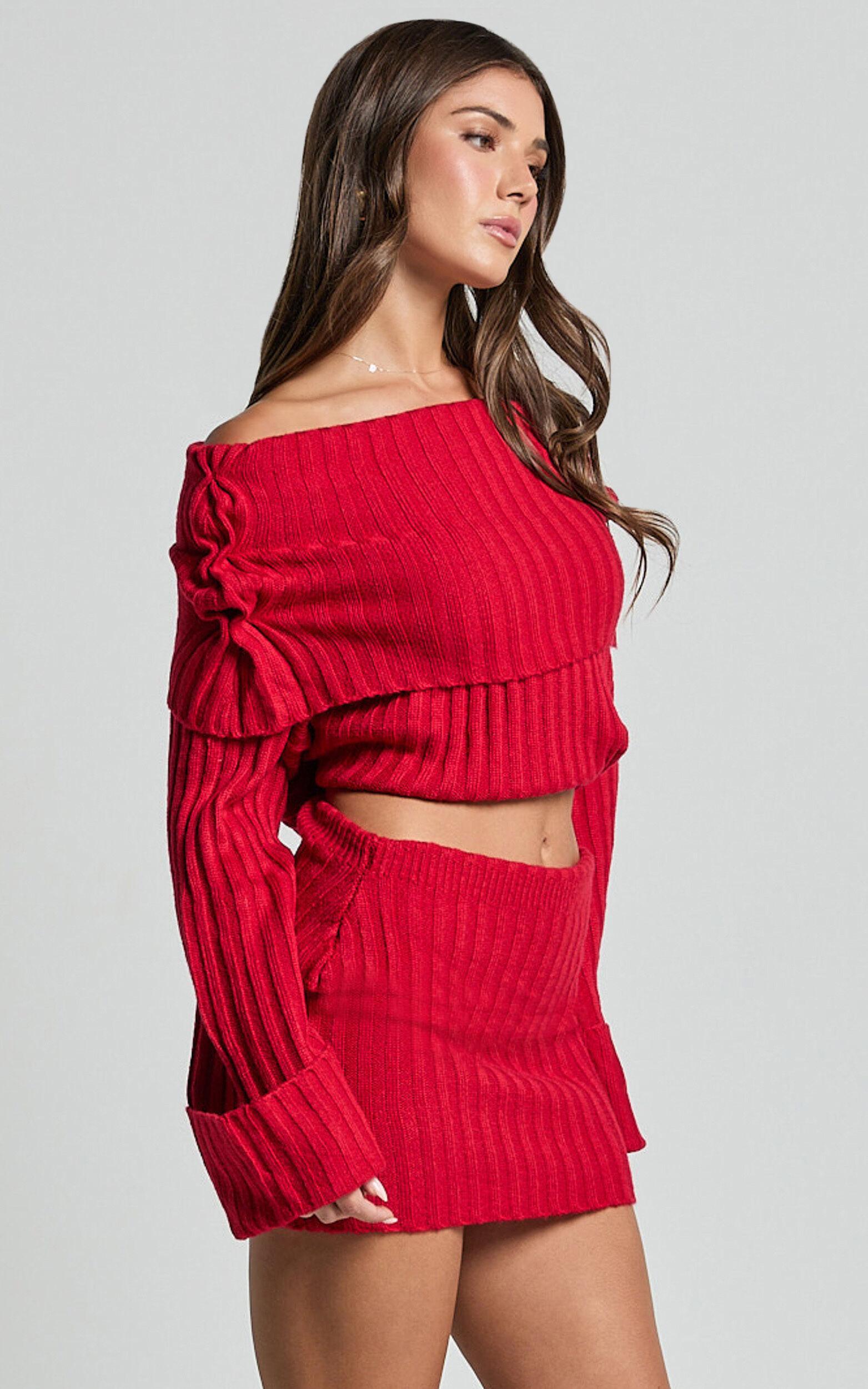 SNDYS The Label - Brooks Off Shoulder Jumper in Cherry Product Image