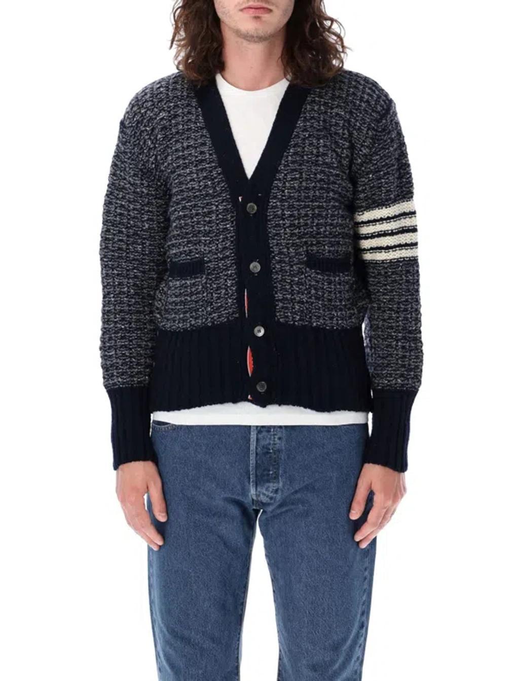 Tuck Stitch Classic V Neck Cardigan In Blue Product Image