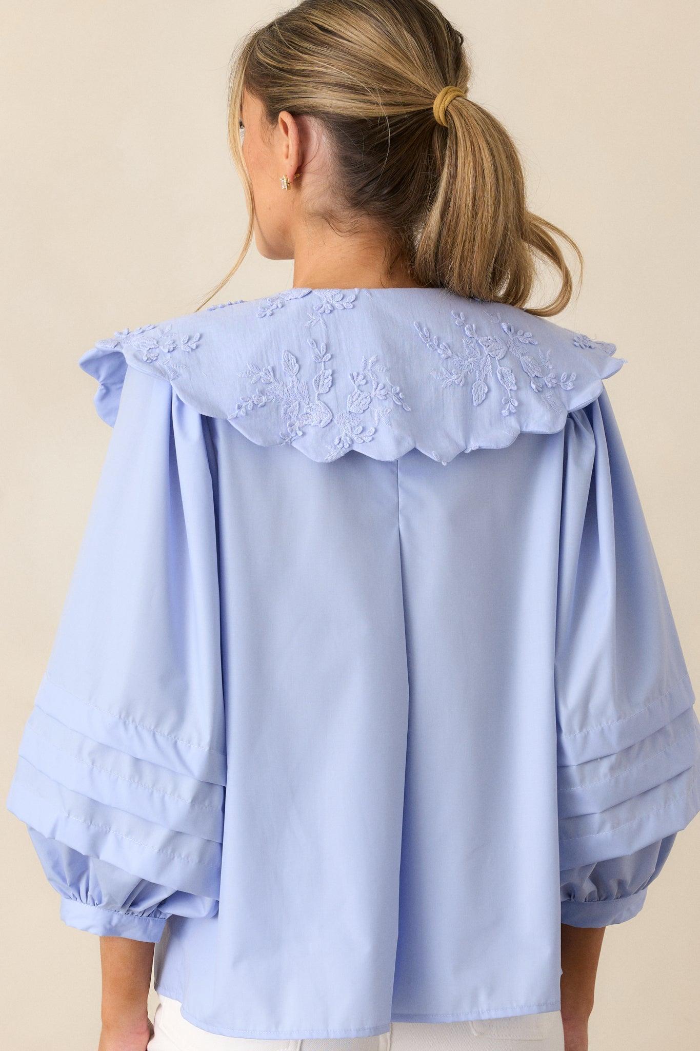 Walk With Me Sky Blue Floral Embroidered Blouse Product Image