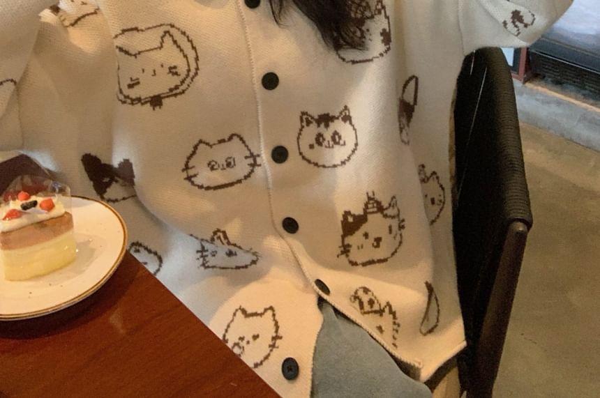 Long-Sleeve Cat Embroidery Shirt / Button-Up Cardigan / High Rise Wide Leg Pants Product Image