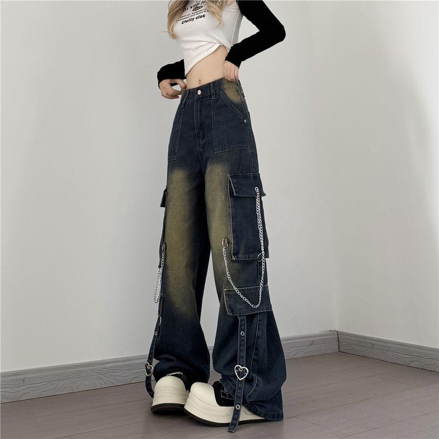 Low Rise Washed Chained Wide Leg Cargo Jeans Product Image