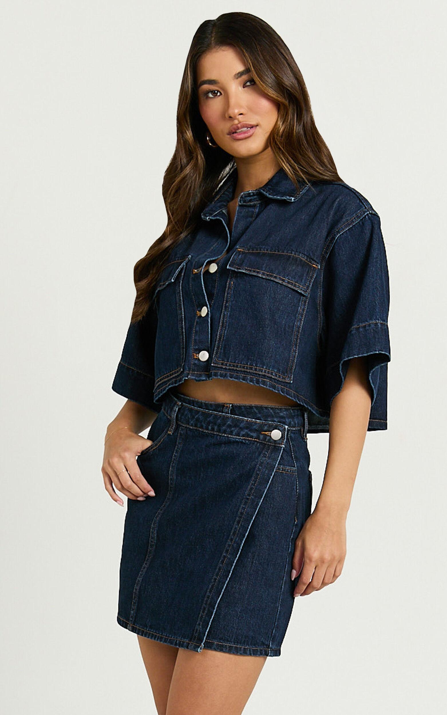 Katherine Top - Crop Button Down Collared Recycled Denim Short Sleeve Top in Dark Blue Wash Product Image