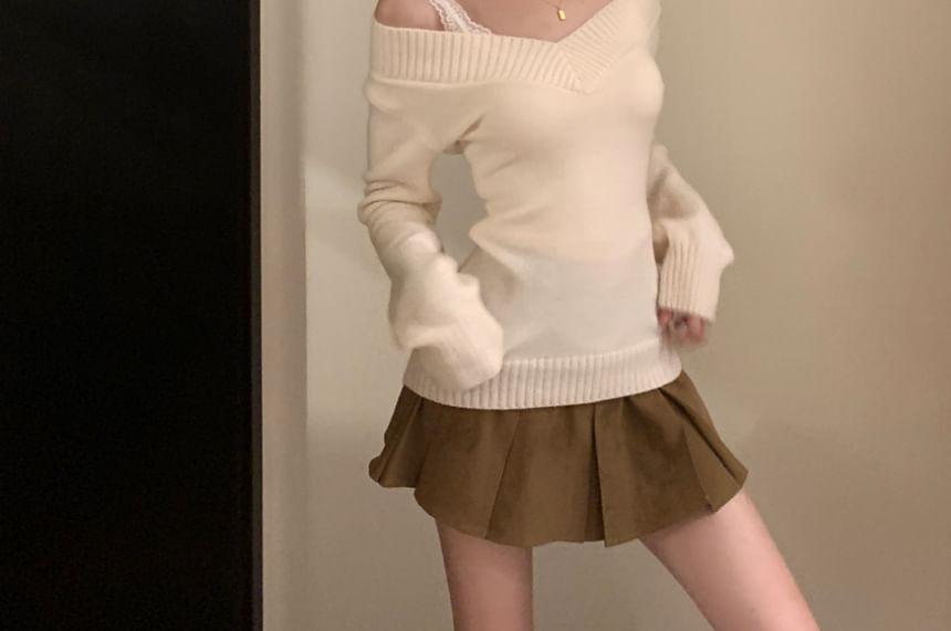 Off-Shoulder Plain Slim Fit Sweater / Scoop Neck Lace Trim Cami Top / High Rise Pleated Mini A-Line Skirt Product Image