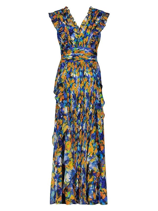 Womens Printed Pleated Ruffle Gown Product Image