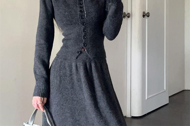 Square Neck Plain Cardigan / High Rise Knit Maxi A-Line Skirt Product Image