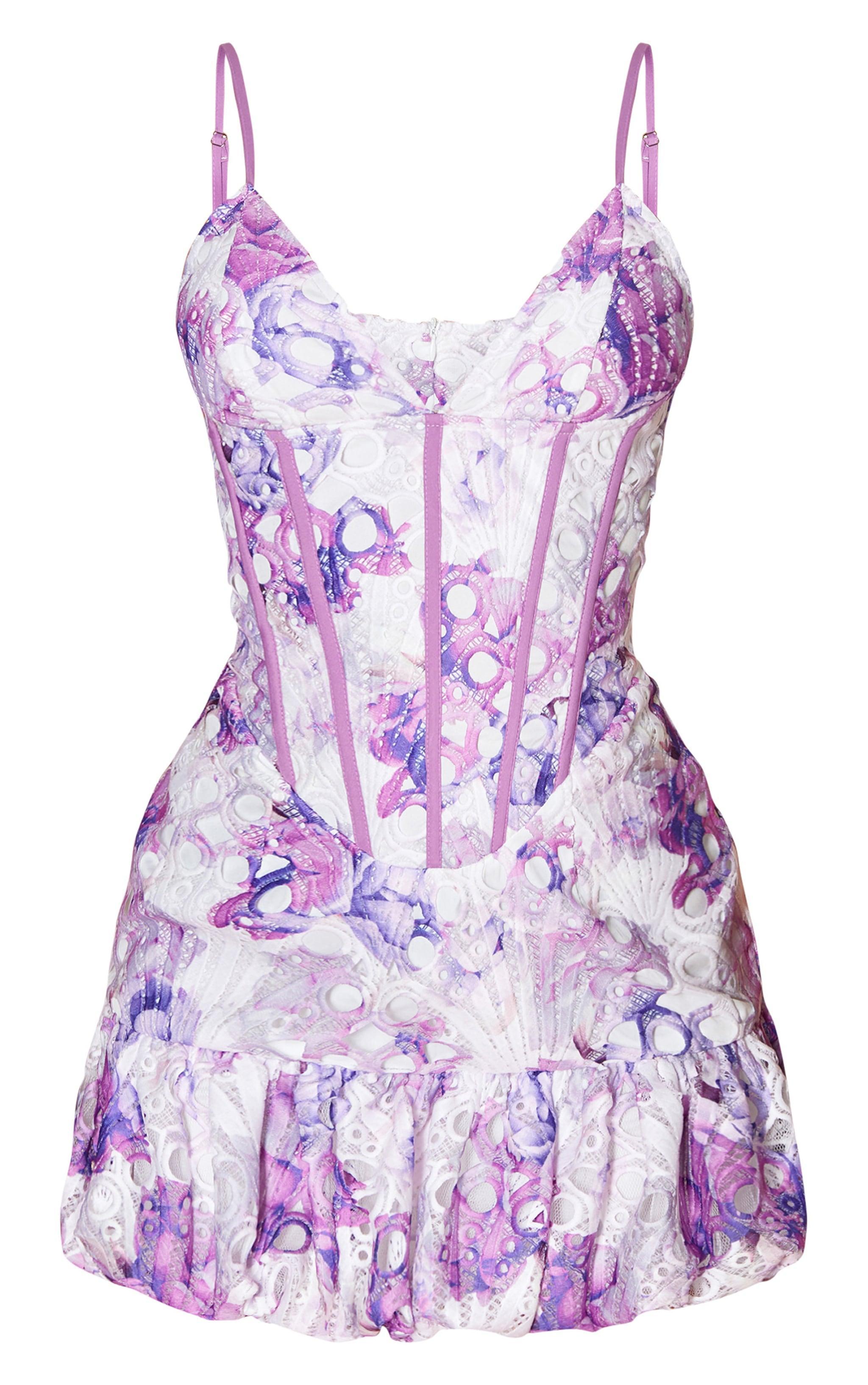 Lilac Floral Cup Detail Extreme Puff Ball Hem Mini Dress Product Image