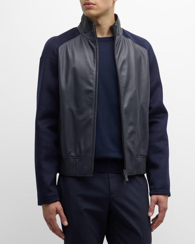 Mens Leather Bomber Jacket with Knit Sleeves Product Image