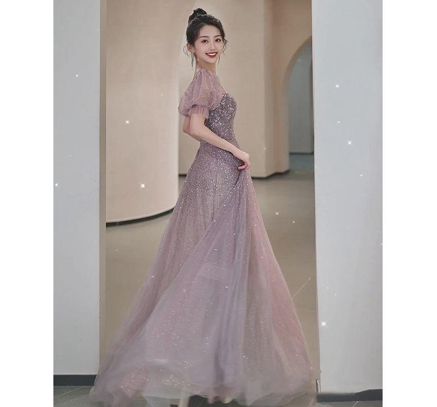 Puff-Sleeve Square Neck Sequin A-Line Evening Gown Product Image