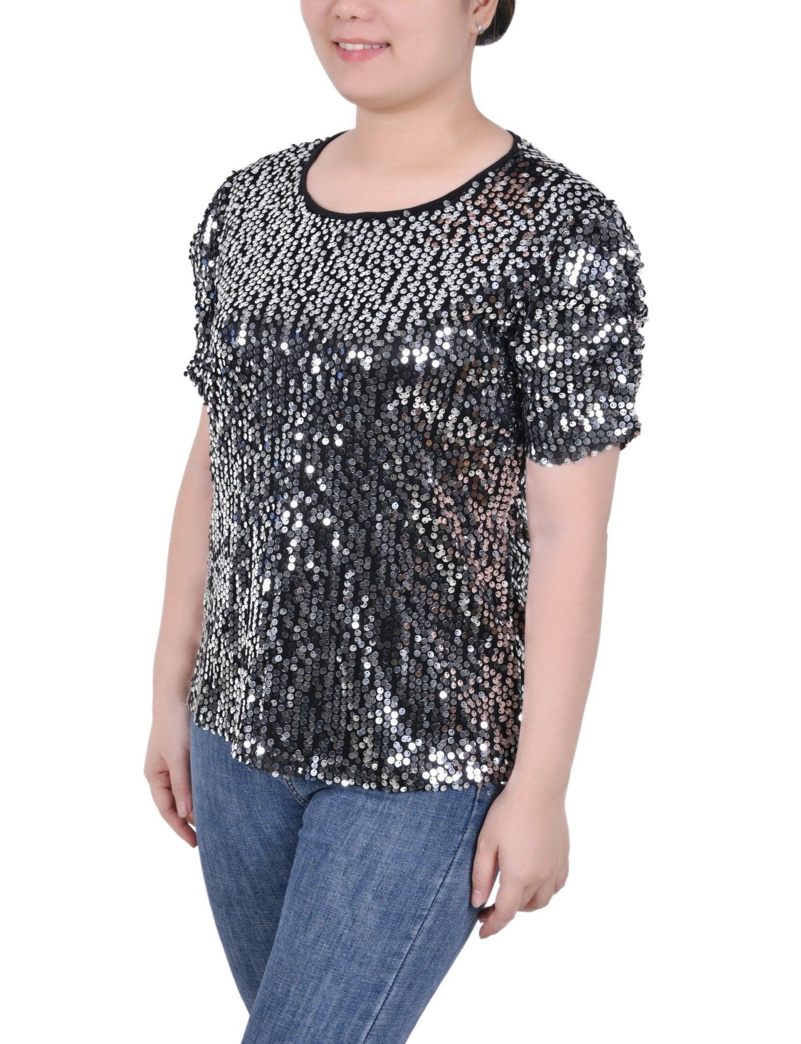 NY Collection Short Sleeve Sequined Top - Petite Product Image