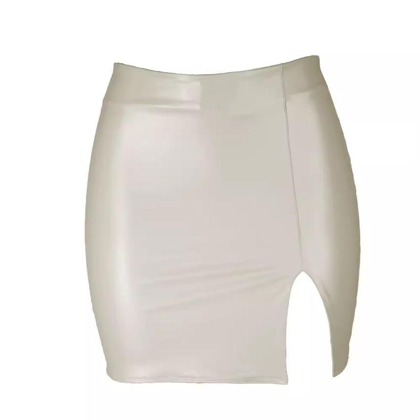 High Waist Plain Side Split Faux Leather Bodycon Mini Skirt Product Image