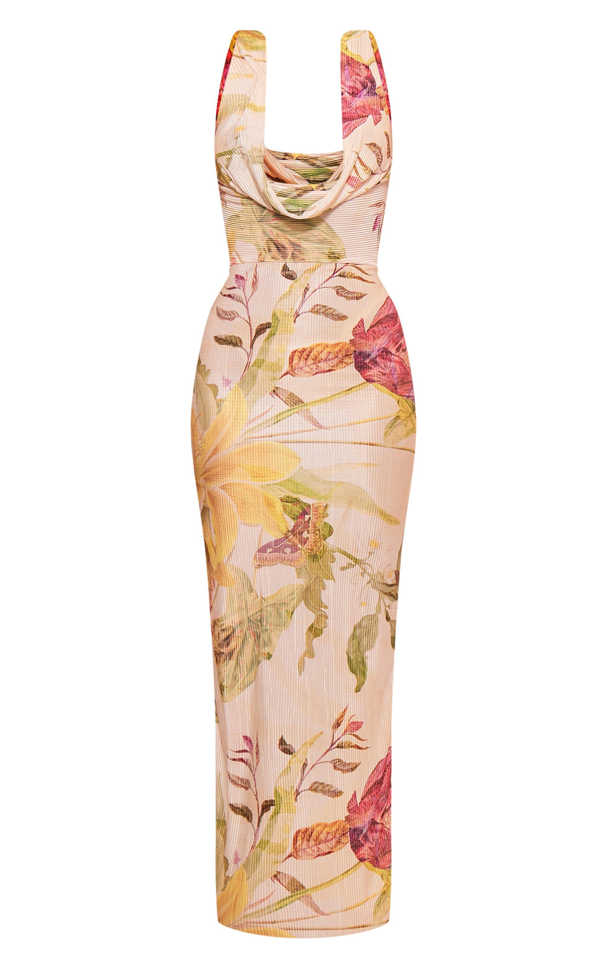 Cream Floral Print Plisse Cowl Plunge Maxi Dress Product Image