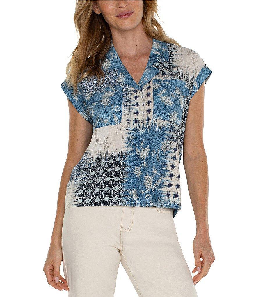 Liverpool Los Angeles Floral Patchwork Notch Collar V-Neck Cap Sleeve Camp Top Product Image