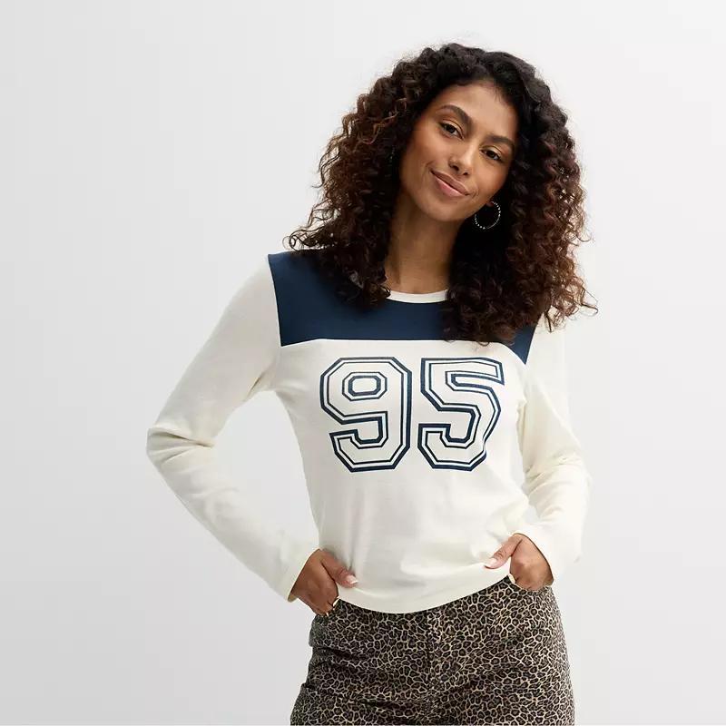 Juniors Pink Rose Long Sleeve Rib Top, Womens Blue Colorblock Product Image