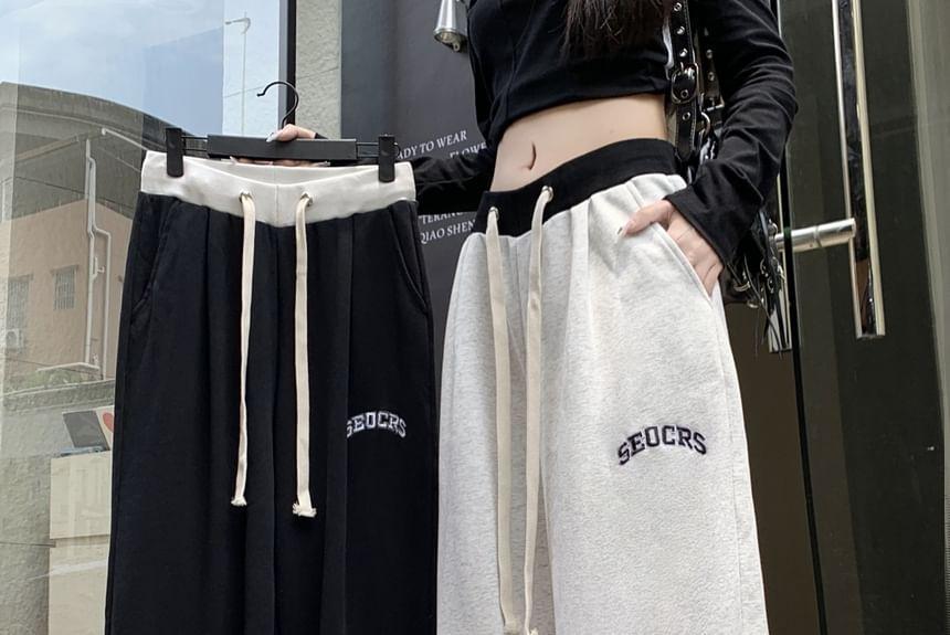 Drawstring Waist Lettering Embroidered Panel Wide Leg Sweatpants Product Image