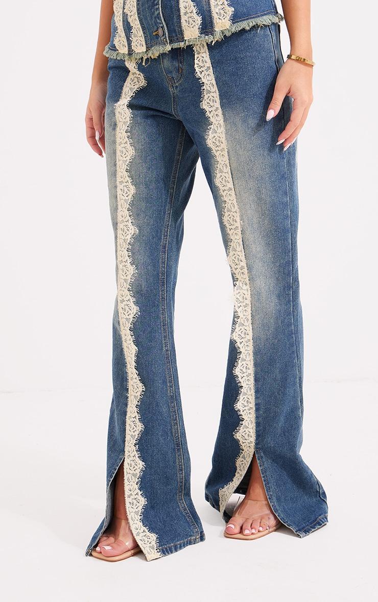 Mid Blue Wash Lace Trim Frayed Edge Flared Denim Jeans Product Image