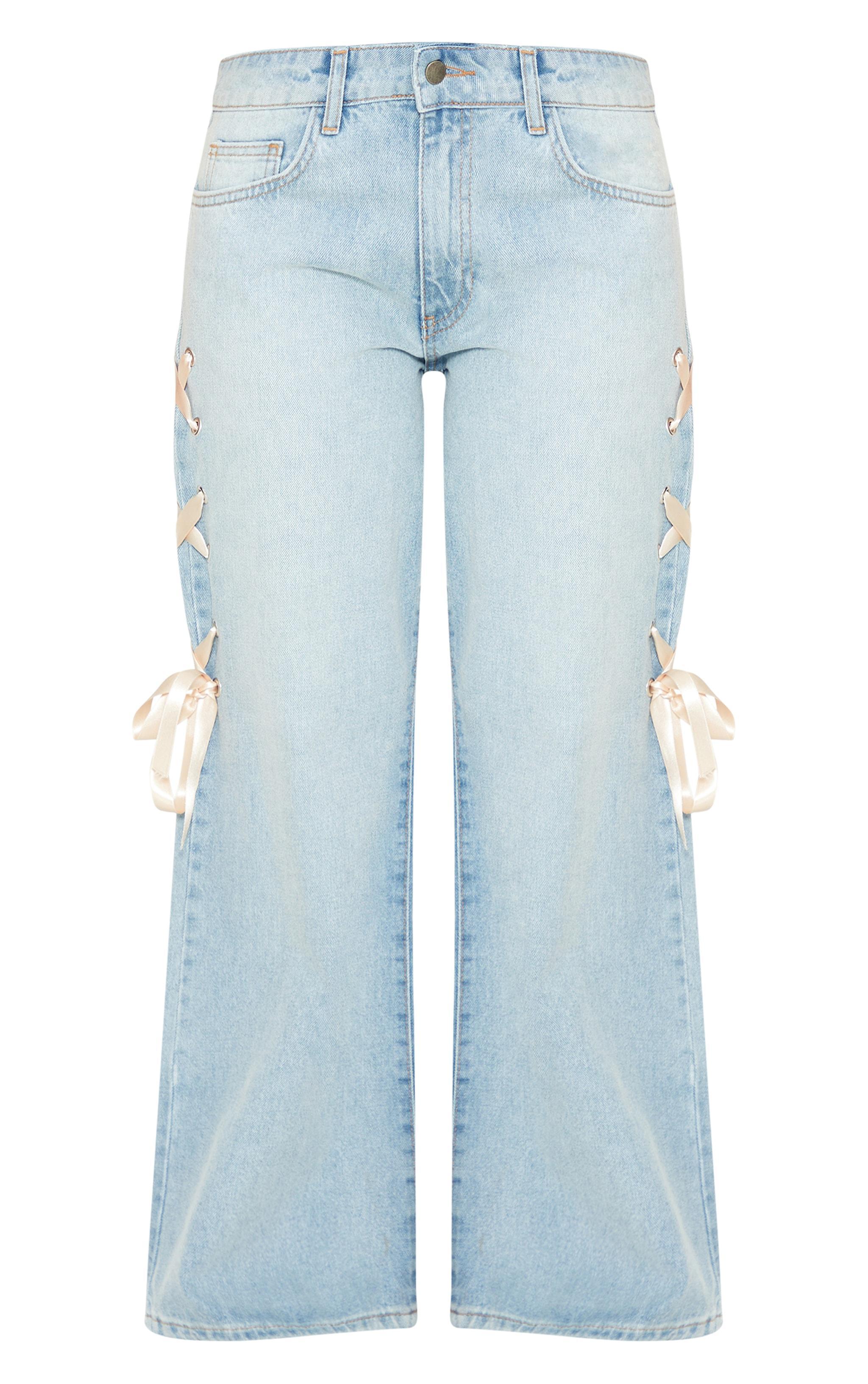 Petite Light Blue Wash Ribbon Lace Up Detail Wide Leg Jeans Product Image