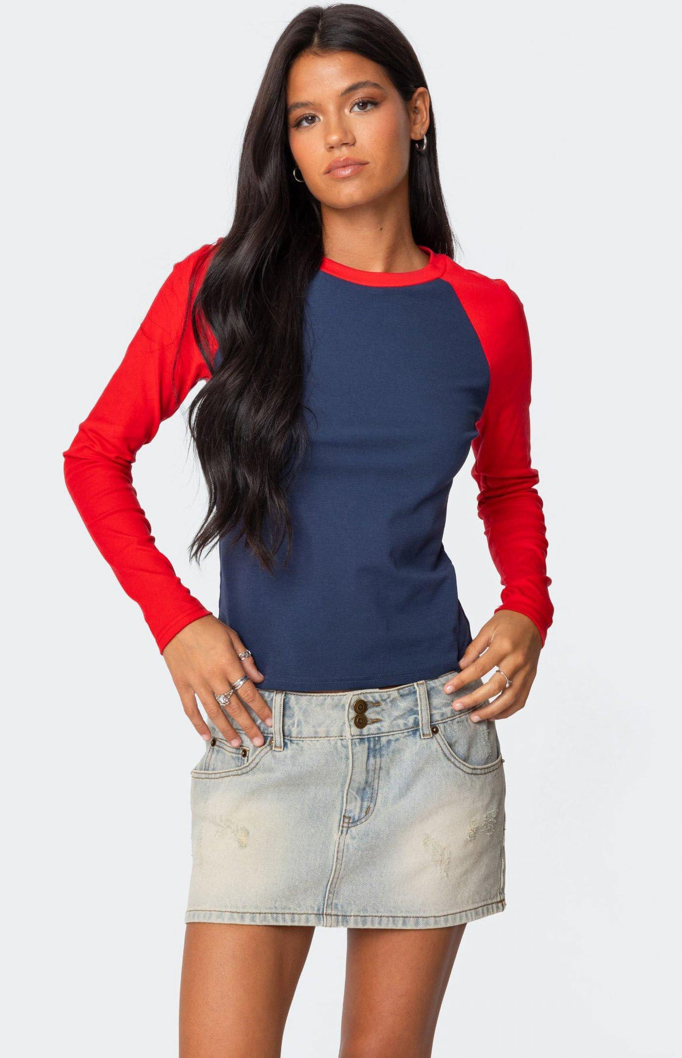 Edikted Women's Tommi Raglan Long Sleeve T-Shirt in Navy/Red - Product Image