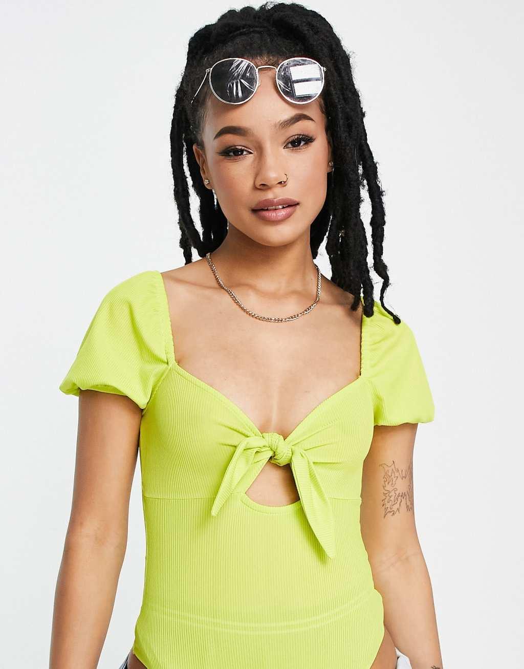 Miss Selfridge petite ribbed knot bodysuit in yellow  Product Image