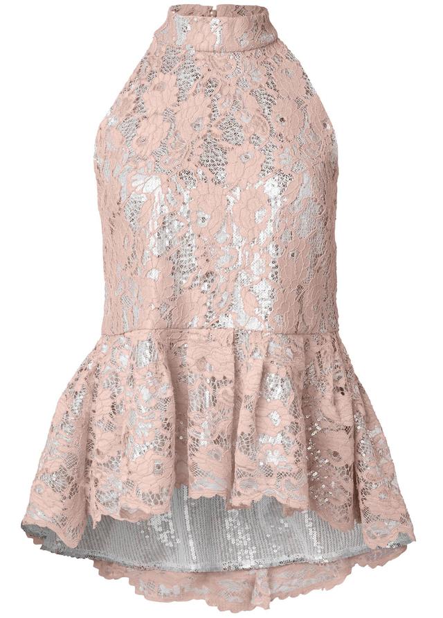 Sequin Lace Mock-Neck Top - Pink & Silver Product Image