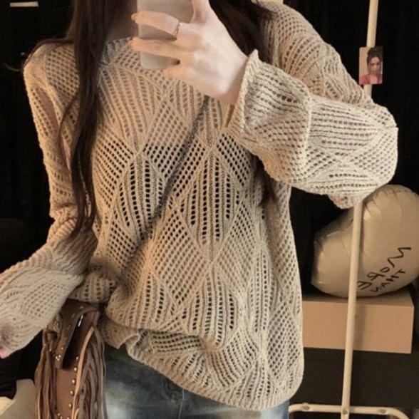 Long-Sleeve Round Neck Plain Pointelle Knit Top Product Image