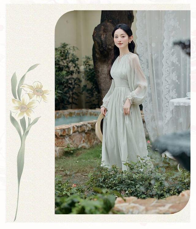 Long Sleeve Crew Neck Plain Keyhole Gathered Maxi A-Line Dress Product Image