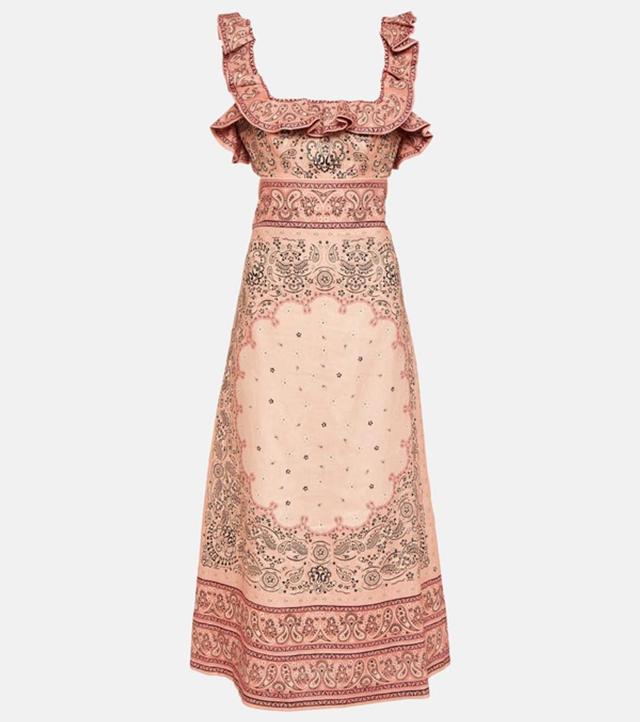 Matchmaker Frilled Linen Midi Dress In Pink Product Image